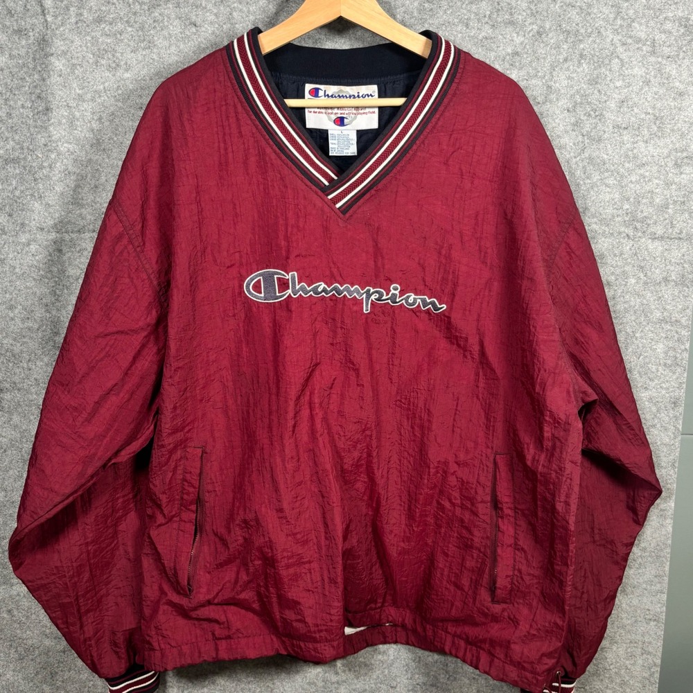 VTG Champion Mens V-Neck Windbreaker Lined Pullover Collegiate Sporty Sz L